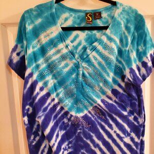 Spartelle, blue/turquoise tie dye with sparkle short sleeve top sz PXL